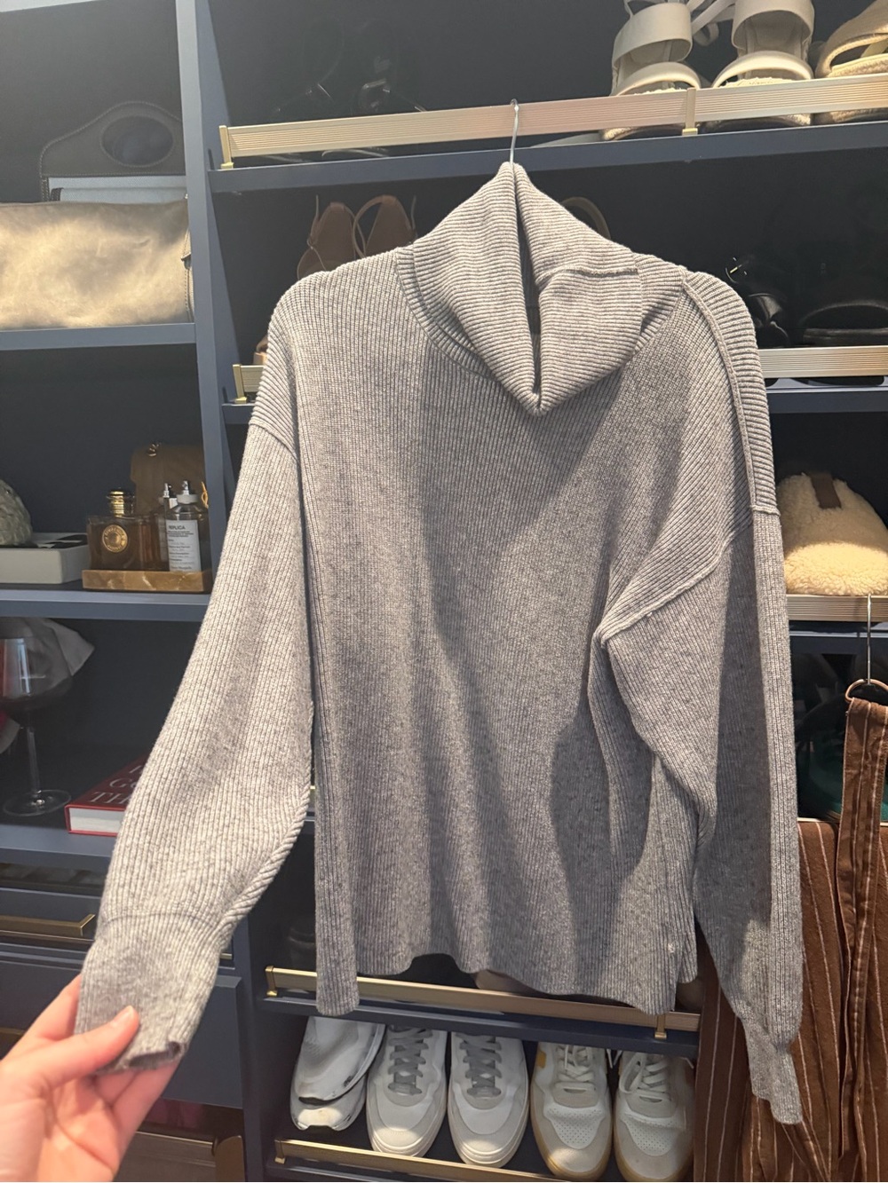 Free People Light Gray Ribbed Hooded Turtleneck Sweater